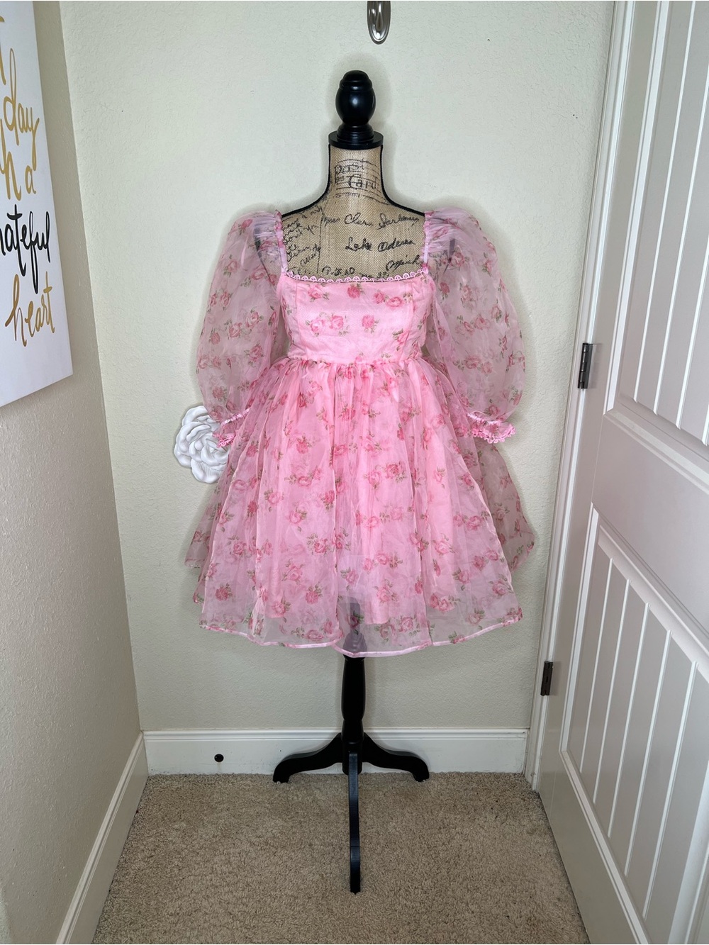 NTM: Amable by Mable Pink Floral Organza Puff Sleeve Mini Dress S NWOT